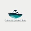 Beautiful concept card for the World Oceans Day with waves and dolphins.