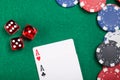 Beautiful concept on a poker table of dice and cards and poker chips Royalty Free Stock Photo
