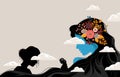 beautiful concept of a step into the unknown future the head of a girl in the clouds