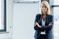 beautiful confident businesswoman standing with crossed arms and smiling at camera