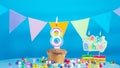 Beautiful congratulations on the birthday of an eight year old child on a blue background, a card with the number 8 years happy Royalty Free Stock Photo