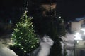 Beautiful conifer tree with Christmas lights in snow drift on street, space for text. Winter