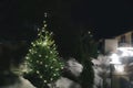 Beautiful conifer tree with Christmas lights in snow drift