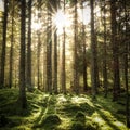 Beautiful coniferous forest. Backlit trees in warm cozy sunset. Royalty Free Stock Photo