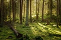 Beautiful coniferous forest in golden sunset. Royalty Free Stock Photo