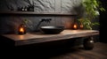 A beautiful contemporary dark bathroom with black and wooden elements