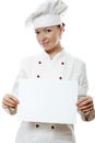 Beautiful cook woman holding a notice board