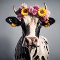 Beautiful cool cow portrait with flowers on head, AI