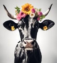 Beautiful cool cow portrait with flowers on head, AI