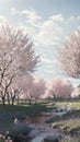 Beautiful and cool landscape painting of a small river and cherry trees