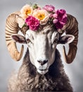 Beautiful cool ram portrait with flowers on head, AI