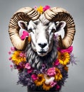 Beautiful cool ram portrait with flowers on head, AI