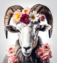 Beautiful cool ram portrait with flowers on head, AI