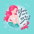 Beautiful coral hair mermaid on a trend, turquoise background. Cute Mermaid in glitter frame, for t shirts or kids fashion