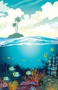 Beautiful coral reef with fishes and underwater creatures on a blue sea and silhouette of island with palm tree on a cloudy sky.