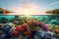 Beautiful coral reef. Underwater scene with fish, sea corals. Travel, recreation, snorkeling.