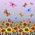 Beautiful coreopsis flowers and flying butterflies on gradient background. Seamless floral pattern. Watercolor painting. Royalty Free Stock Photo