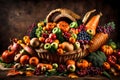 A beautiful cornucopia filled with a bountiful harvest of fruits and vegetables, symbolizing abundance on Thanksgiving