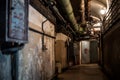 A beautiful corridor with shabby walls in an abandoned underground bunker. Old underground building. Royalty Free Stock Photo