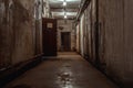 A beautiful corridor with shabby walls in an abandoned underground bunker. Old underground building. S Royalty Free Stock Photo