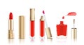 Beautiful cosmetic set in gold. lipstick, lip gloss and nail polish with smear. Makeup realistic cosmetic vector