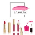 Beautiful cosmetic set in gold. lipstick, lip gloss and nail polish with smear. Makeup realistic cosmetic vector