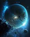 A beautiful cosmic picture of a crystal blue planet surrounded by an asteroid belt. Zodiac Astrology concept. AI