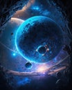 A beautiful cosmic picture of a crystal blue planet surrounded by an asteroid belt. Zodiac Astrology concept. AI