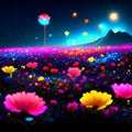 Beautiful cosmos flower field at night. 3d render illustration. AI Generated