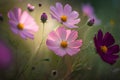 Beautiful cosmos flowers blooming in the garden at sunset. Nature background.