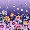 Beautiful cosmos flowers with green leaves on purple background. Seamless floral pattern. Watercolor painting.