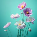 Beautiful cosmos flowers isolated on blue background. 3d illustration.