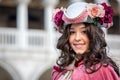 Beautiful costumed woman during venetian carnival, Venice, Italy