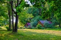 Beautiful cosy garden with neat lawn, old rural houses