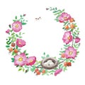 Beautiful cosy vintage hand drawn watercolor pink rosehip wreath frame