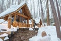 Beautiful Cottage in the forest at Furano Ningle Terrace with Snow in winter season. landmark and popular for attractions in Royalty Free Stock Photo