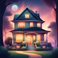 A beautiful cottage house with blue roof and moon in the background Generative AI Royalty Free Stock Photo