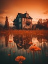 Beautiful cottage on the lake at sunset with reflection in water.