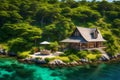 A beautiful cottage nestled on a secluded island, surrounded by crystal-clear waters and lush greenery