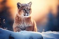 Beautiful cougar or mountain lion in the snow in winter, generated by AI