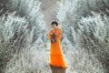 The beautiful countess in a long orange dress Royalty Free Stock Photo