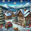 A beautiful countryside with the christmas vibes, in cartoon style, christmas tree, village, digital art, fantasy design, nature