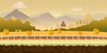 Beautiful countryside farm background for games with green mountains, farm house, and wooden fence with seamless