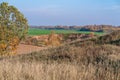 View from hill to green field, distant forest