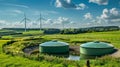 A beautiful countryside landscape dotted with wind turbines and biogas digesters showcasing the successful integration