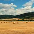 Beautiful countryside landscape. Hay bales in harvested fields Royalty Free Stock Photo