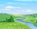 Beautiful countryside landscape in summer with green hills, fields, river and grazing goats