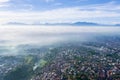 Beautiful countryside at misty morning in Bandung