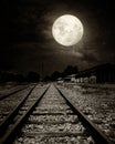 Beautiful countryside Railroad with Milky Way star in night skies, full moon Royalty Free Stock Photo