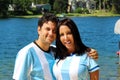 Beautiful couple with argentine jerseys celebrating soccer world cup 2018 Royalty Free Stock Photo